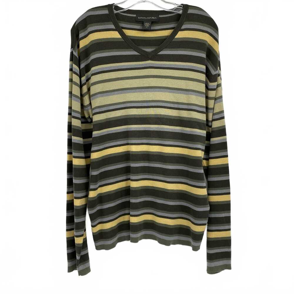 Banana Republic Green Yellow Striped V-Neck Sweater | Mens XL